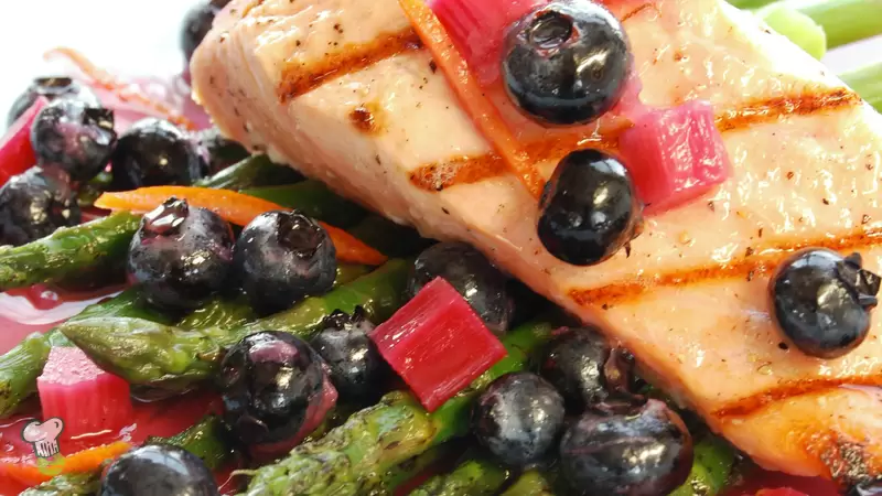 Heart Healthy Seared Salmon with Rhubarb and Blueberries