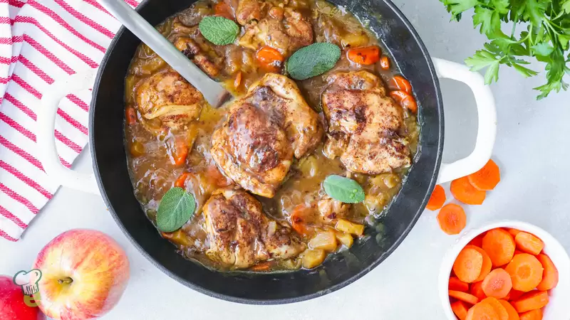Heart Healthy Cider Glazed Chicken Thighs with Apples and Onions